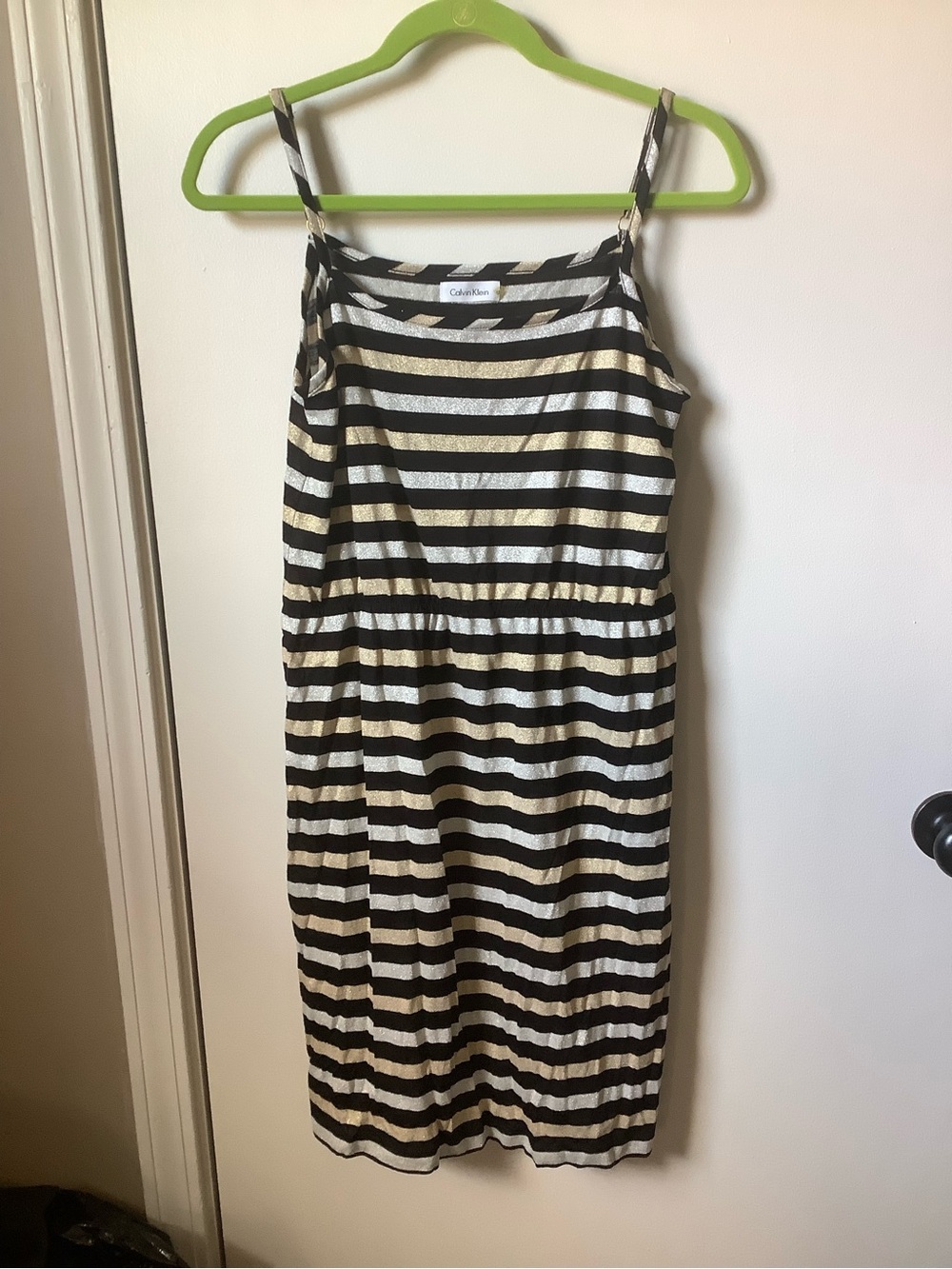 Calvin Klein Black and Gold Striped Spaghetti Strap Dress Sz.6